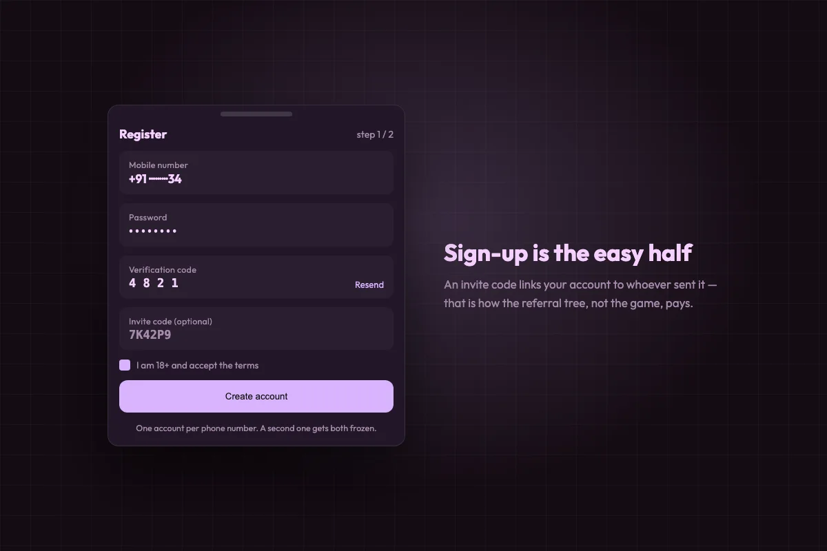 Registration screen with mobile number, password, verification code and invite code fields