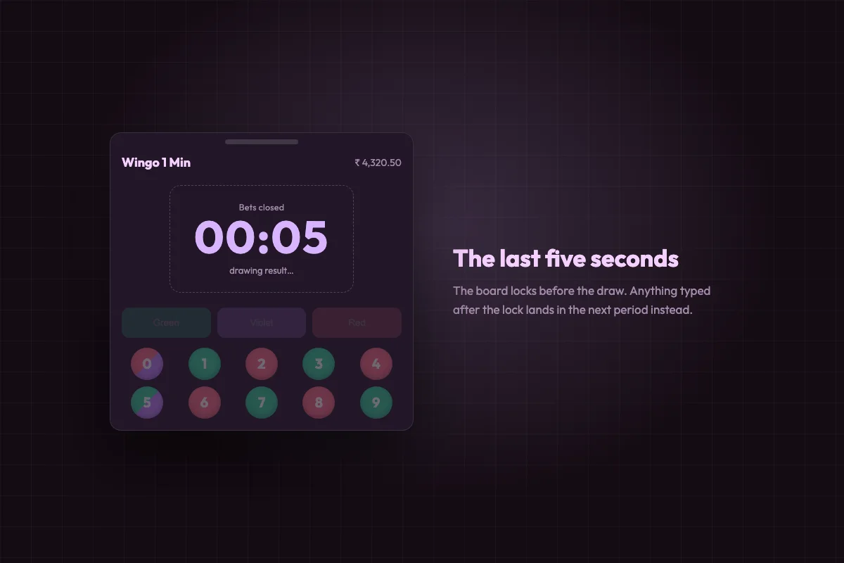 Game board locked five seconds before the draw, with the colour buttons greyed out